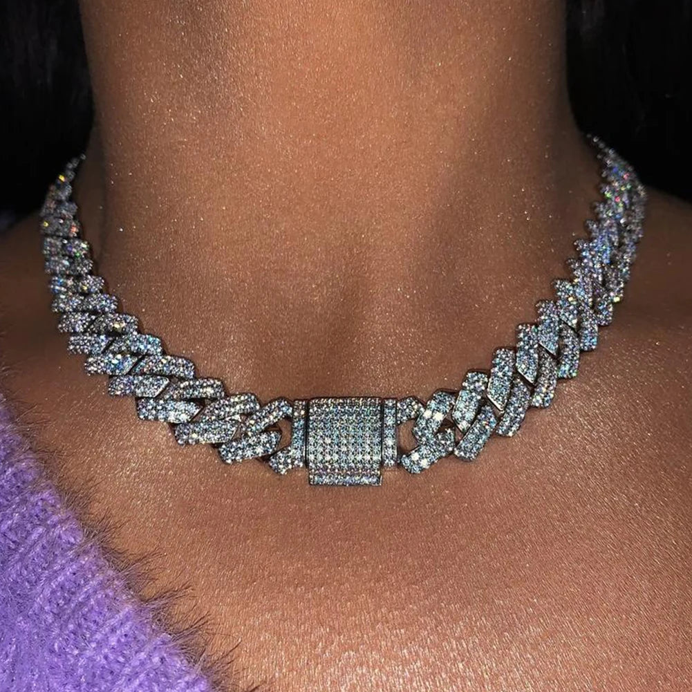 14MM Diamond Cuban Link Chain Men Women Iced Out 2 Row Rhinestone Paved Rhombus Prong Cuban Necklaces Hip Hop Jewelry