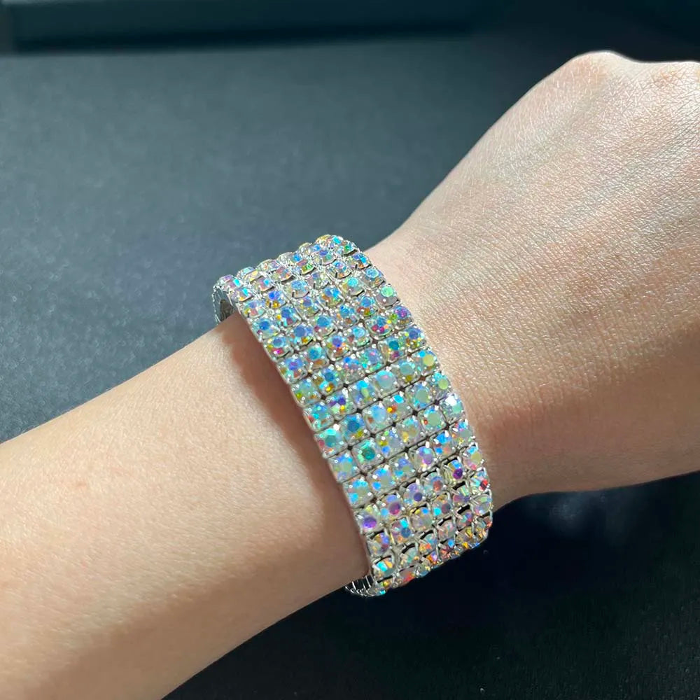 TREAZY Stunning AB Color Rhinestones Wedding Bangles Silver Plated Crystal Stretch Bracelet for Women Wristband Elastic Jewelry