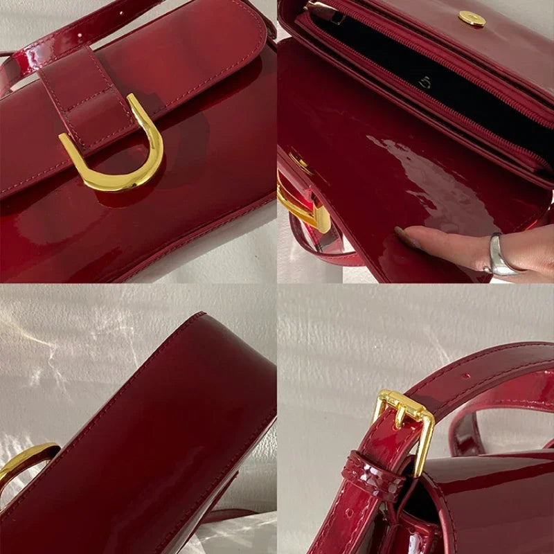 Retro Patent Leather Shoulder Bags For Women Luxury Flap Crossbody Bag Solid Color Underarm Bags Red Crossbody Lady Handbag