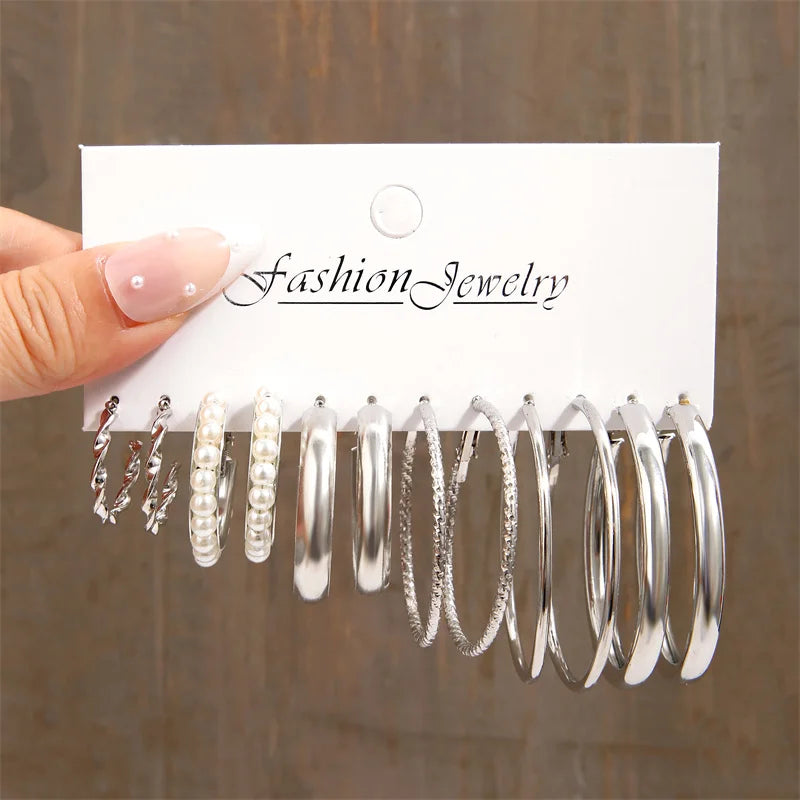 Trendy Silver Color Earrings Set for Women Girls Simple Pearl Metal Butterfly Snake Circle Hoop Earrings 2024 New Fashion