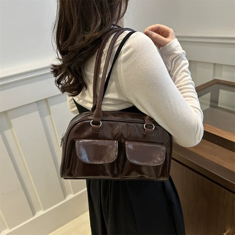 Vintage Simple Ladies Commute Tote BagWomen Business Shoulder Bags  Pu Leather Female Underarm Bag Burgundy Large Handbags Purse