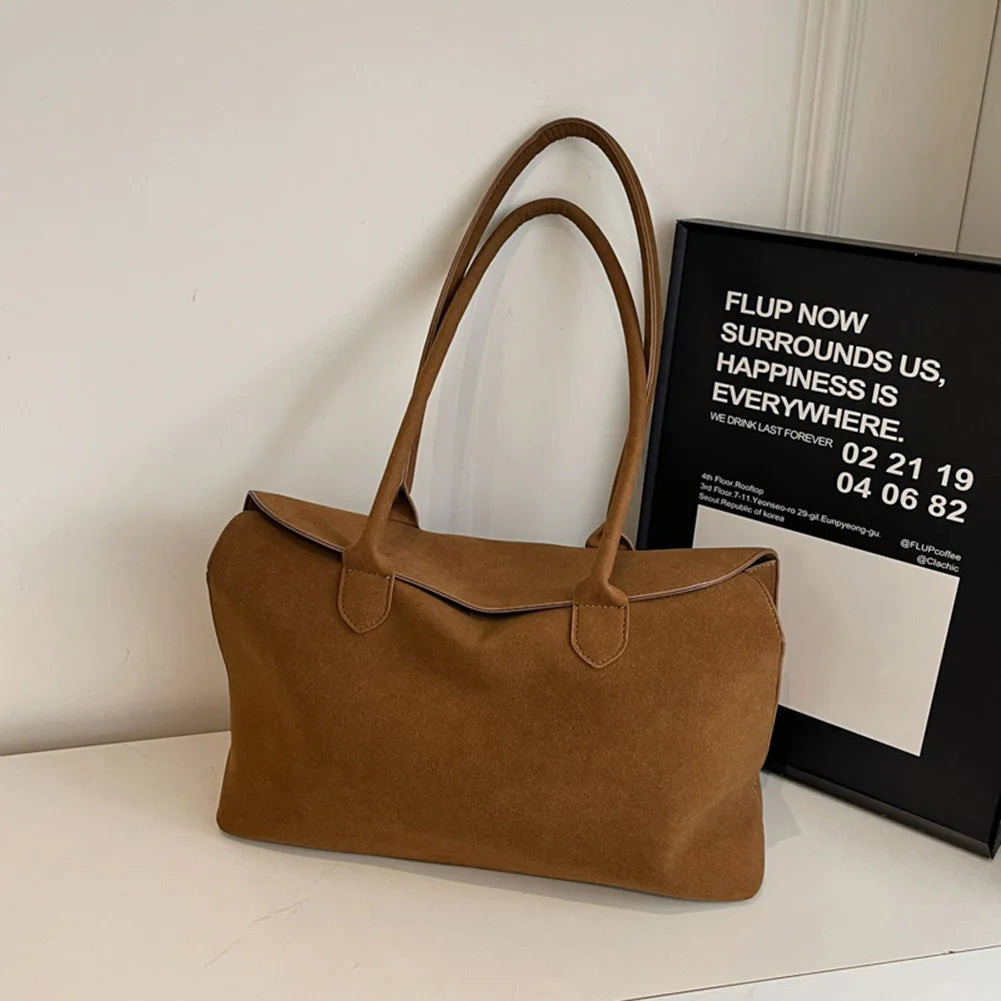Shoulder Bag for Women Men with Inner Pocket Retro Handbag Suede Solid Color Tote Bag Trendy Satchel Bag Work Travel Bag
