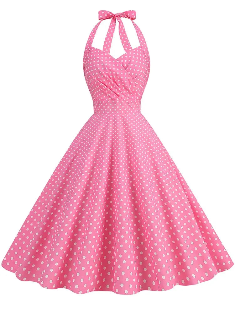 Elegant Polka Dot Party Dress Women Summer Halter High Waist 50s Vintage Fit and Flare Backless Retro Dresses