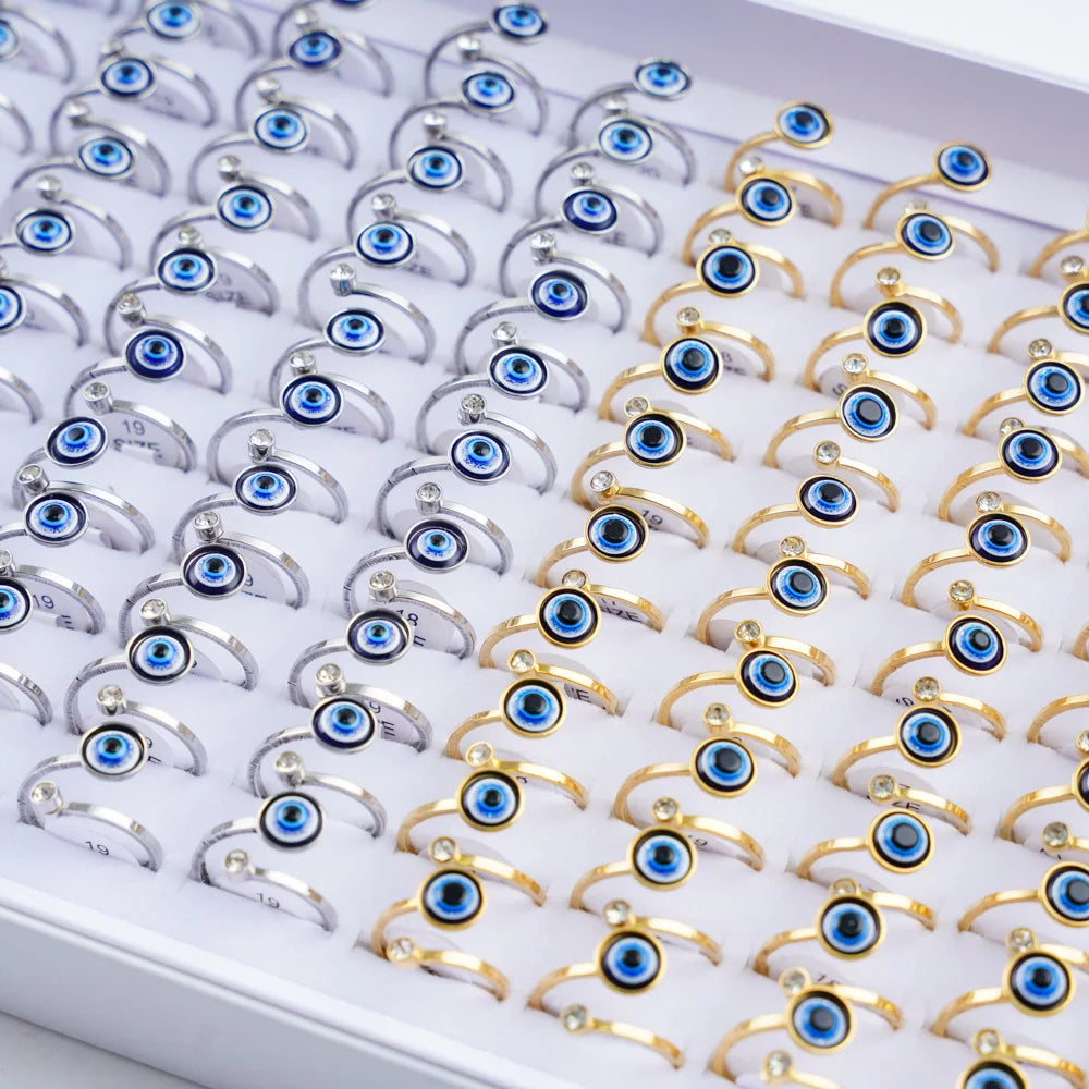 20Pcs/Lot Lucky Blue Devil's Eyes with Heart Rhinestone Pearl Stainless Steel Rings for Men Women Wedding Jewelry Party Gifts