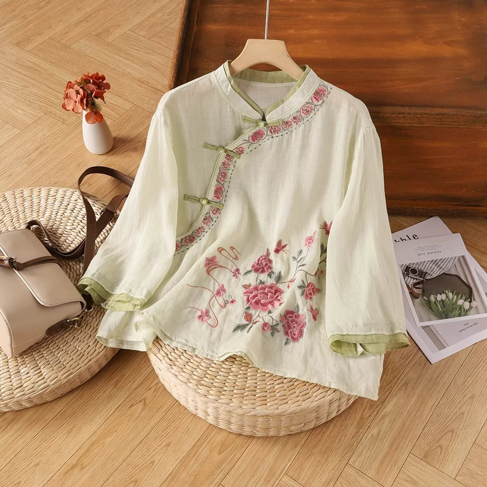 Loose Embroidered T-Shirts Women's Clothes Summer Vintage Woman Tshirt Casual Cotton Linen Ethnic Style Ladies T Shirt Blusas