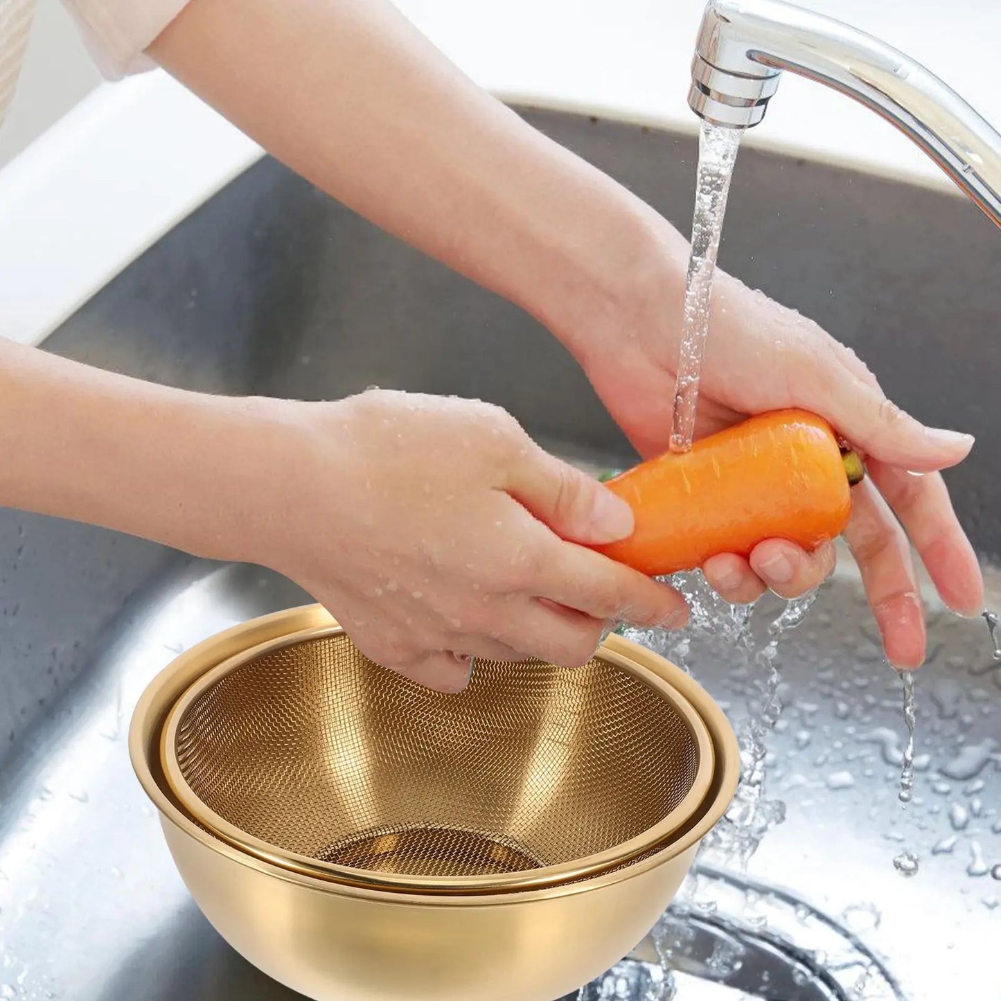 2pcs Stainless Steel Mixing Bowl Colander Rice Colander Basket Strainer Basket Vegetables Fruit Basket Washing Basin kicehn tool