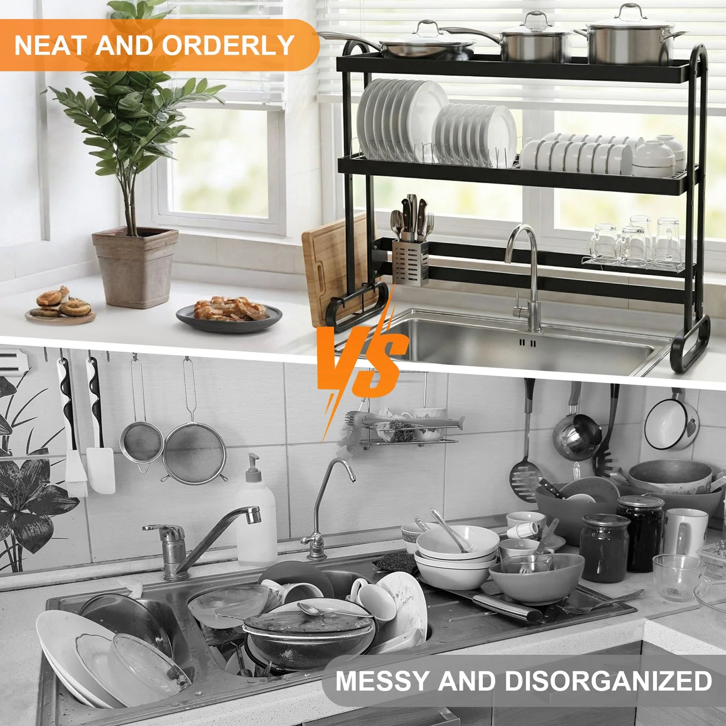 Stainless Steel 2/3Layer Dish Drainer Kitchen Dish Rack with Utensil Holder Anti-Slip Sink Organizer for Home Storage Accessor