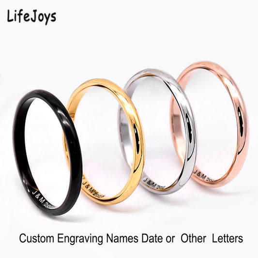 Custom 2mm Thin Rings Engraving Names Personalized For Woman Couples Stainless Steel Black Rose Gold Silver Color Jewelry