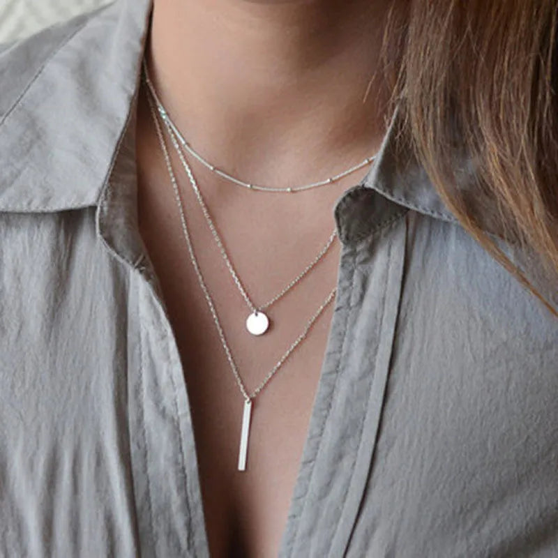LETAPI 2025 New Fashion Simple Silver Color Choker Necklaces for Women Three Layer Chain Heart Pendant Necklace Jewelry Gift