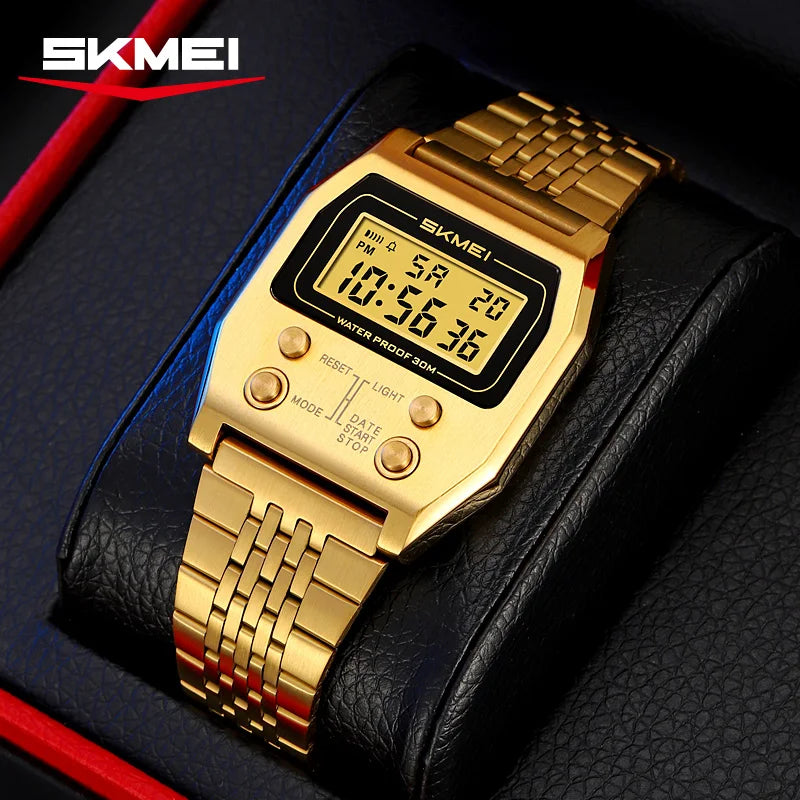 SKMEI 2460 Mens Wristwatches Stainless Steel Sport Luxury Retro LED Electronic Waterproof Digital Watch for Men Reloj Hombre