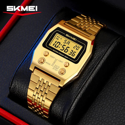 SKMEI 2460 Mens Wristwatches Stainless Steel Sport Luxury Retro LED Electronic Waterproof Digital Watch for Men Reloj Hombre