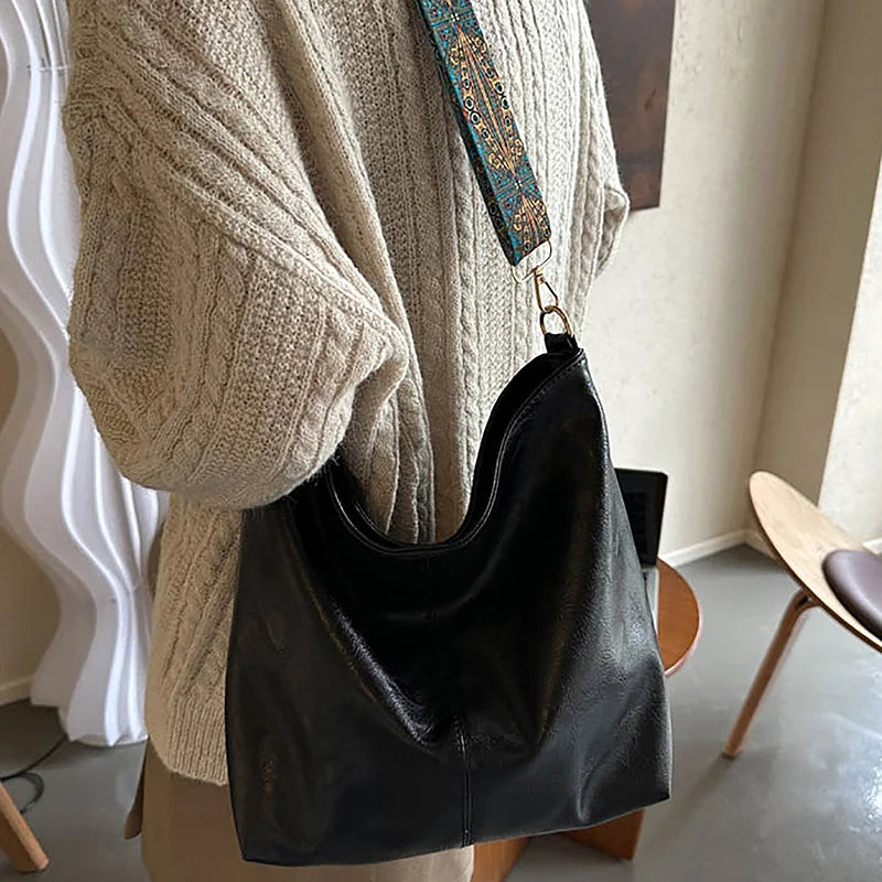 Womens Fashion Shoulder Sling Bag Vintage Brown PU Leather High-Capacity Simple Wide Strap Bucket Crossbody Female Commuter Bags