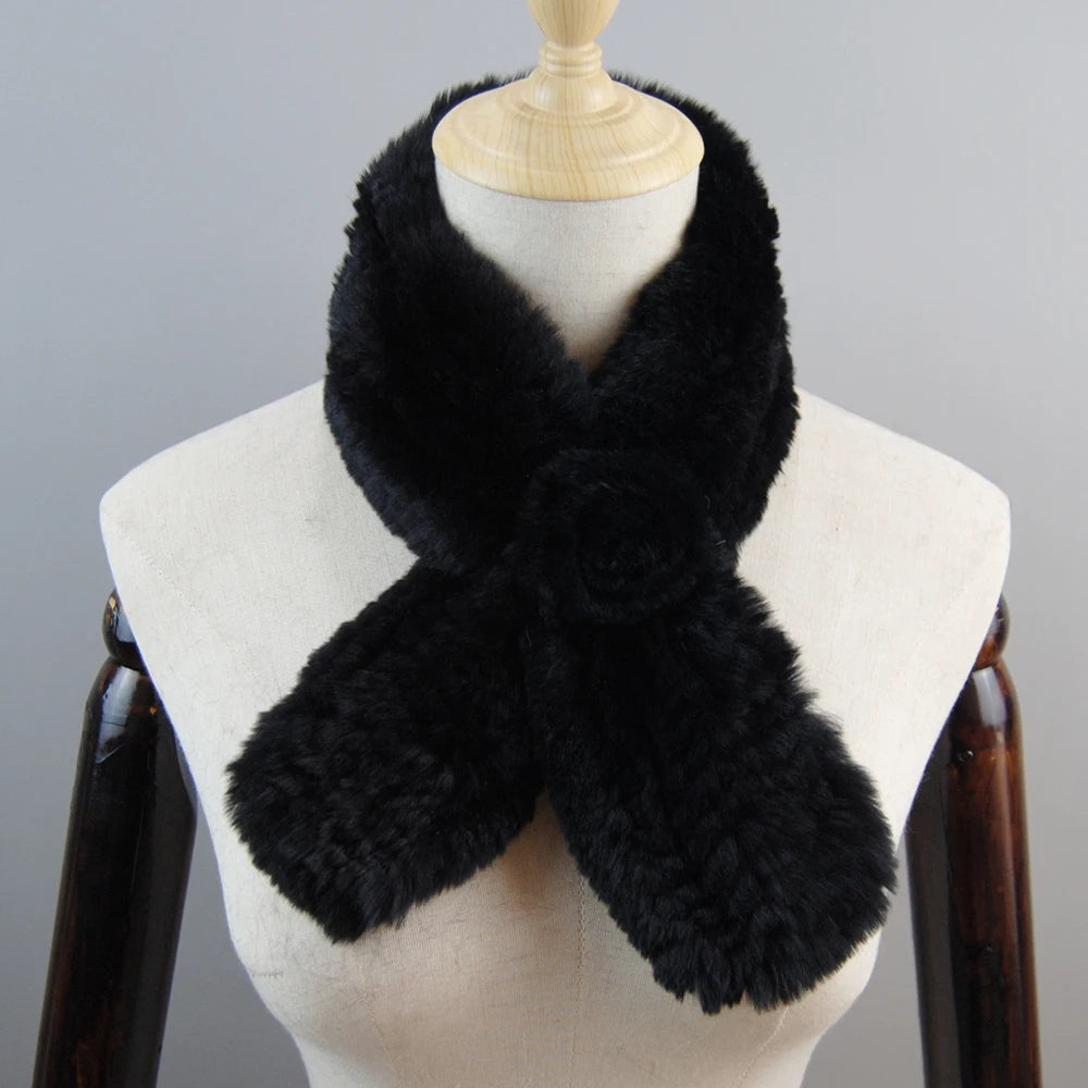 New Russian Women Knit Real Rex Rabbit Fur Scarf Lady Fashion Floral Rex Rabbit Fur Mufflers Hot Winter Warm Natural Fur Scarves