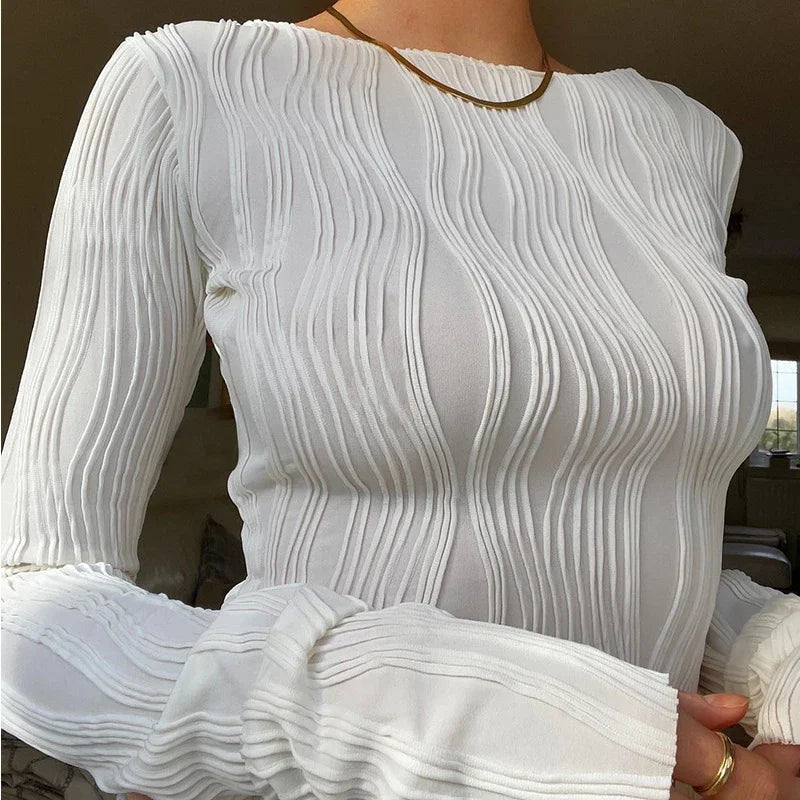2024 Autumn Ruched Long Sleeve T Shirts Women Casual White Skinny Black Basic Tee Fashion Street Cropped Top Y2K Clothes T-shirt