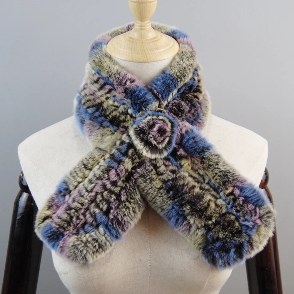 New Russian Women Knit Real Rex Rabbit Fur Scarf Lady Fashion Floral Rex Rabbit Fur Mufflers Hot Winter Warm Natural Fur Scarves