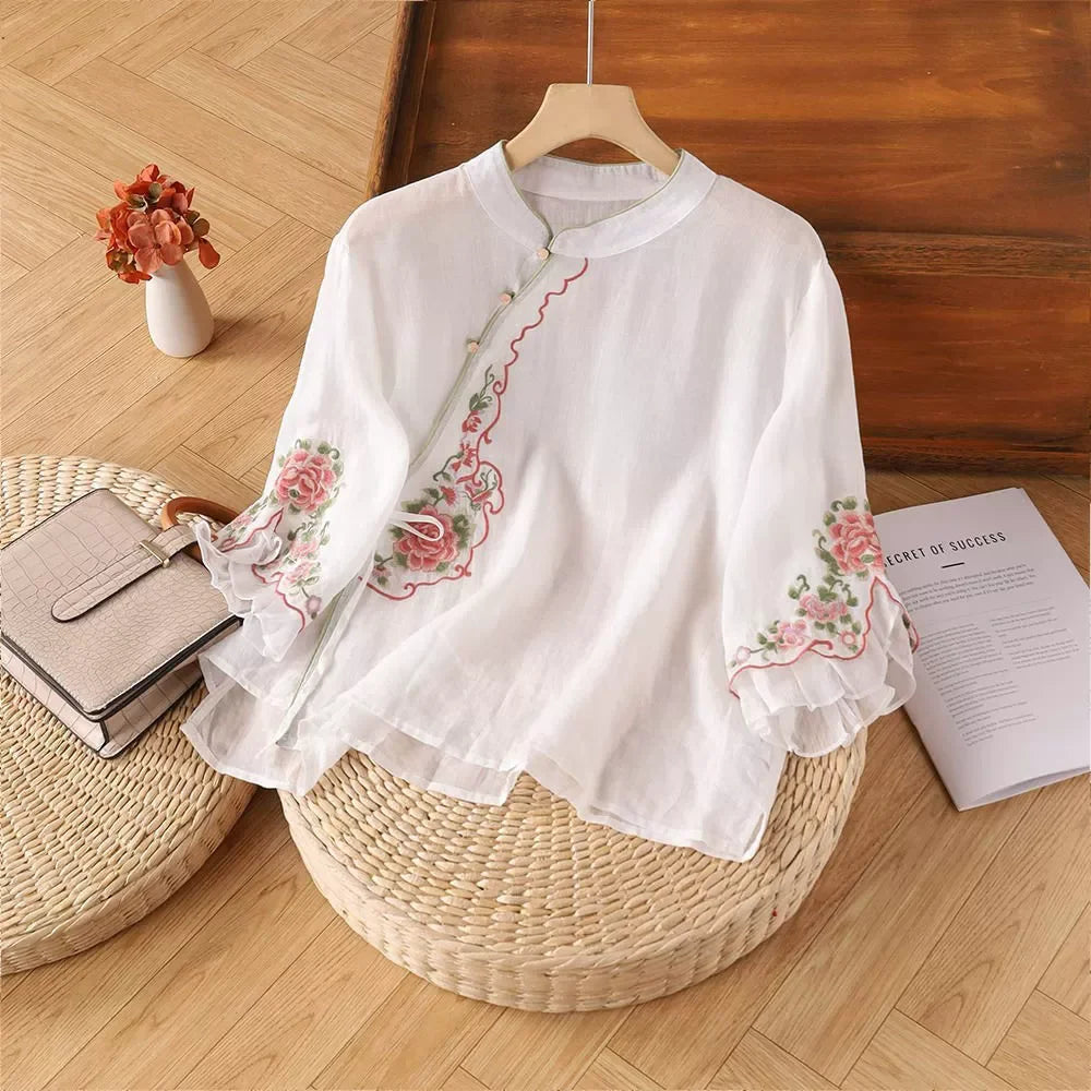 Loose Embroidered T-Shirts Women's Clothes Summer Vintage Woman Tshirt Casual Cotton Linen Ethnic Style Ladies T Shirt Blusas