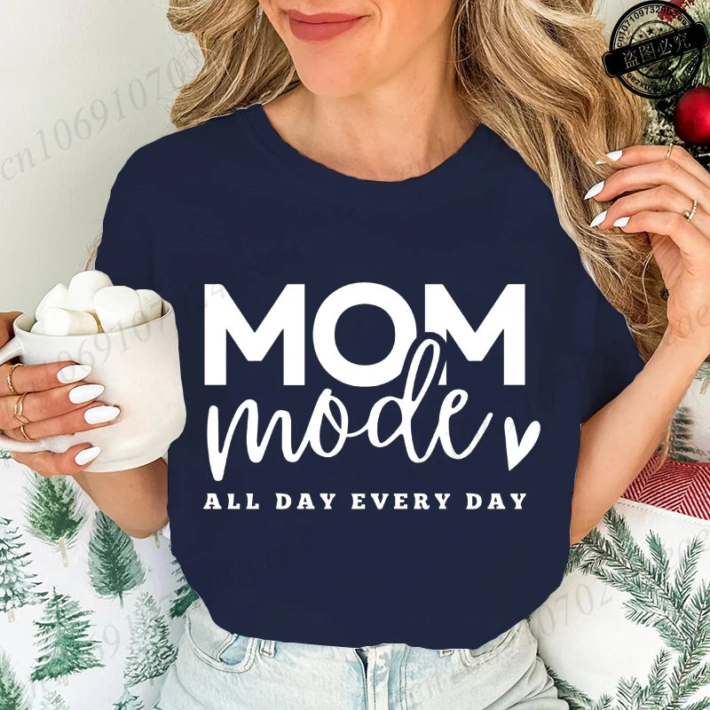 Mom Mode All Day Every Day Printed Women's T-Shirts Clothing Shirt Short Sleeve T-shirt Tops Oversized T Shirt Women Clothes