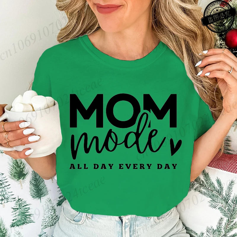 Mom Mode All Day Every Day Printed Women's T-Shirts Clothing Shirt Short Sleeve T-shirt Tops Oversized T Shirt Women Clothes