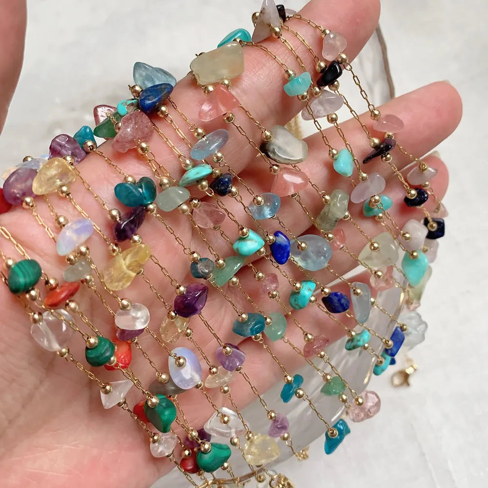 Irregular Natural Chip Stone Crystal Bracelet Healing Citrines Amethysts Pink Quartz Charm Stainless Steel Tiny Chain Bracelet