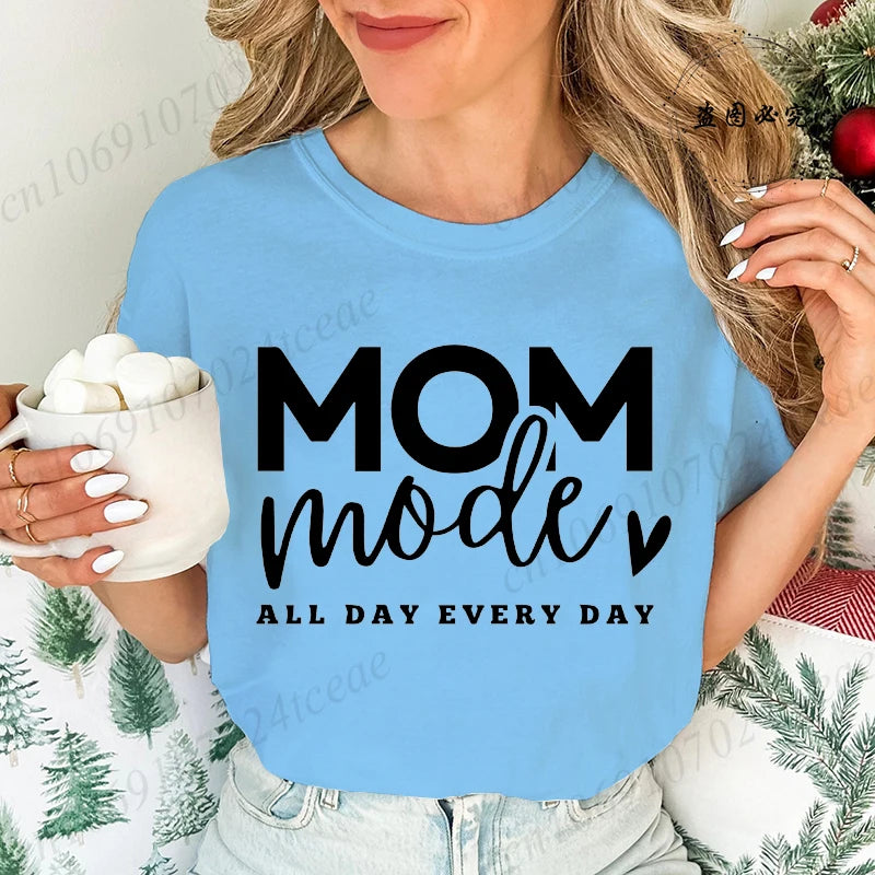 Mom Mode All Day Every Day Printed Women's T-Shirts Clothing Shirt Short Sleeve T-shirt Tops Oversized T Shirt Women Clothes