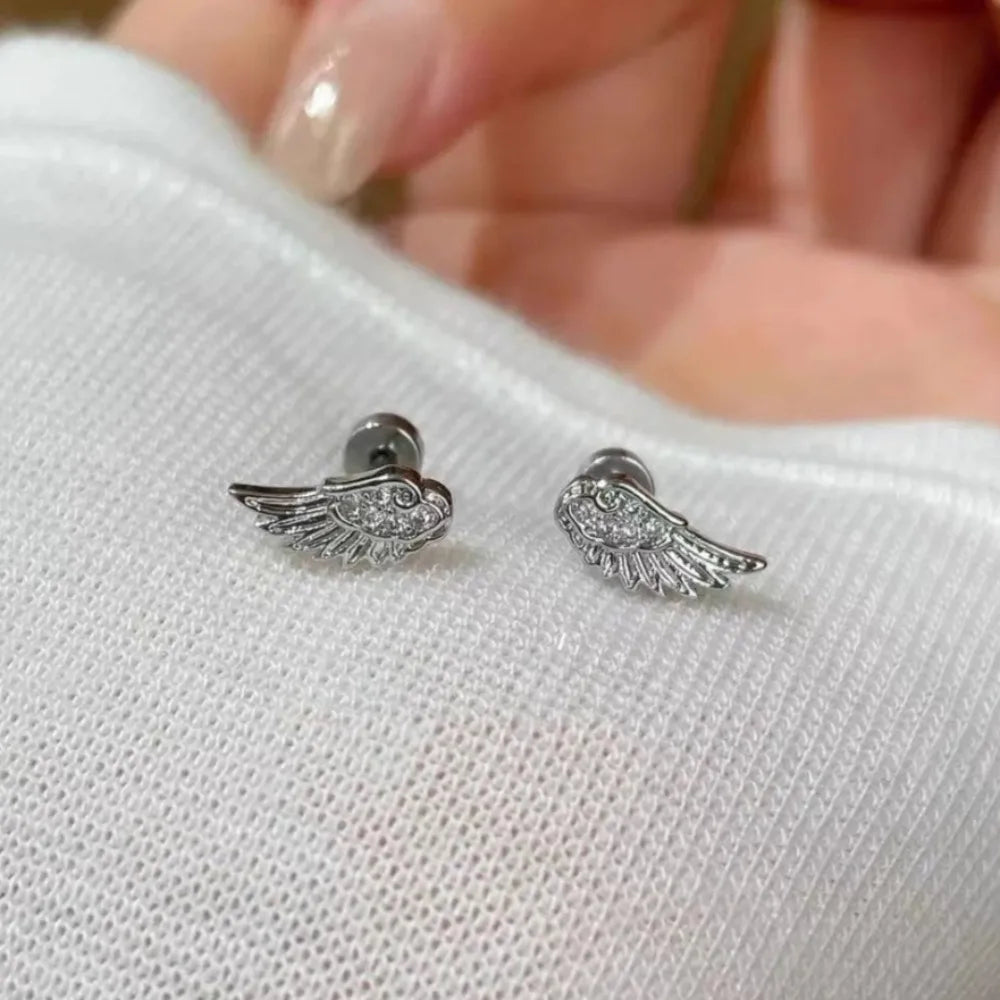 Personality Shiny Zircon Angel Wings Stud Earrings for Women Men Couple Multiple Ear Holes Fold Wear Ear Bone Stud Jewelry Gifts
