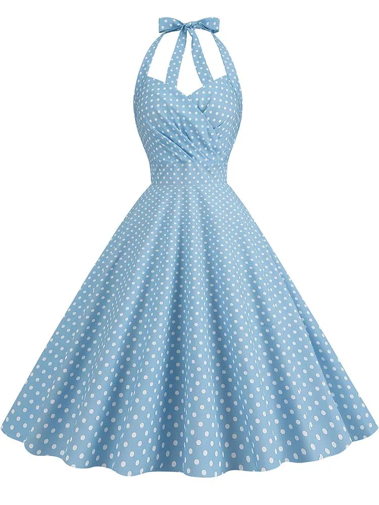 Elegant Polka Dot Party Dress Women Summer Halter High Waist 50s Vintage Fit and Flare Backless Retro Dresses