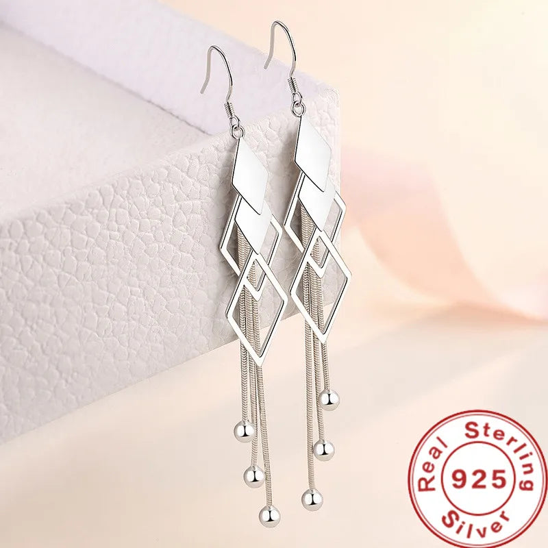 SAIYE  Fashion 925 Sterling Silver Long Earrings Diamond-Shaped Geometric Earrings For Women'S Wedding Charm Jewelry Gifts