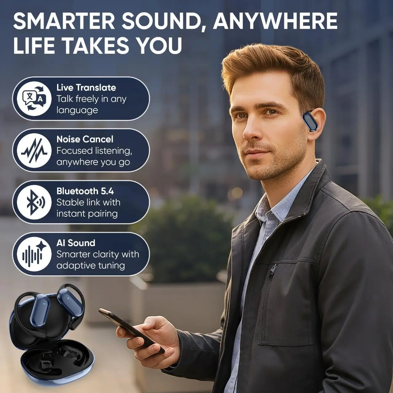UYUXIO Open Ear Bone Conduction Headphones BT 5.4 Wireless Earbuds with Digital Display 60H Playtime IPX7 Waterproof Earphone