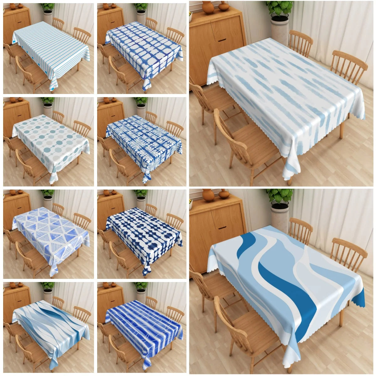 Blue Geometric Tablecloth Rectangular Modern Stripes Checkered Waves Waterproof Table Cover For Dining Room Kitchen Home Decor