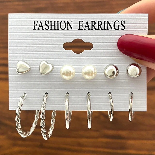 Trendy Silver Color Earrings Set for Women Girls Simple Pearl Metal Butterfly Snake Circle Hoop Earrings 2024 New Fashion