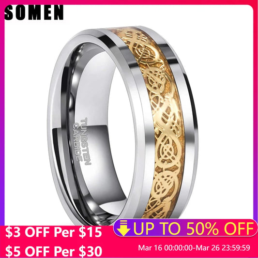Somen Ring Men Real Tungsten Ring 6mm/8mm Gold Color Celtic Dragon Polished Engagement Rings Wedding Band Fashion Party Jewelry