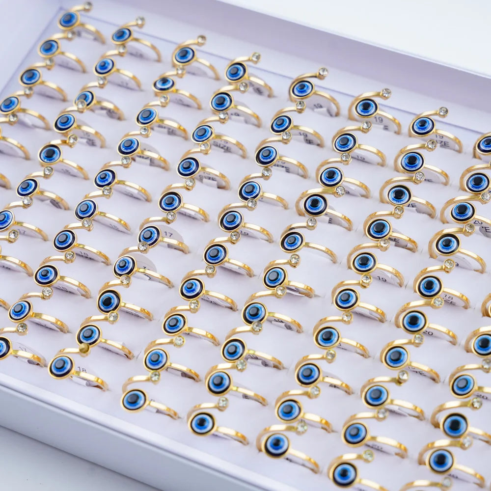 20Pcs/Lot Lucky Blue Devil's Eyes with Heart Rhinestone Pearl Stainless Steel Rings for Men Women Wedding Jewelry Party Gifts