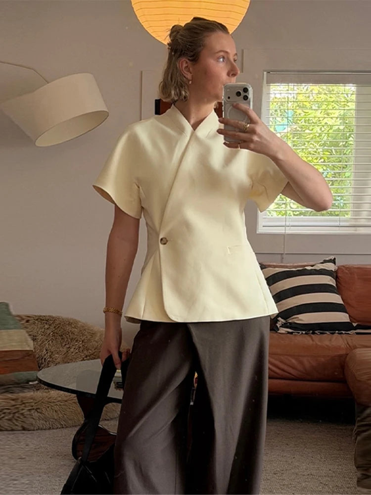 V-neck Short Sleeve Side Placket Suit Jacket Women Elegant Waist Cinching Slim Coats 2026 Spring Summer New Chic Office Lady Top