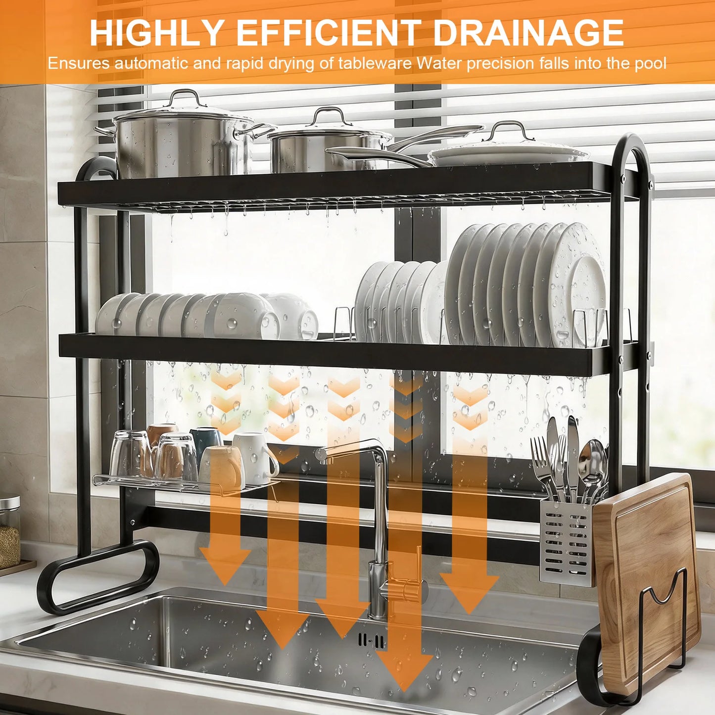 Stainless Steel 2/3Layer Dish Drainer Kitchen Dish Rack with Utensil Holder Anti-Slip Sink Organizer for Home Storage Accessor