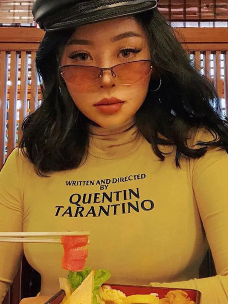 Fashion Quentin Tarantino Sexy Crop Tops Women Side Stripe Long Sleeve Turtleneck Cotton Knitted Short tshirt Lady