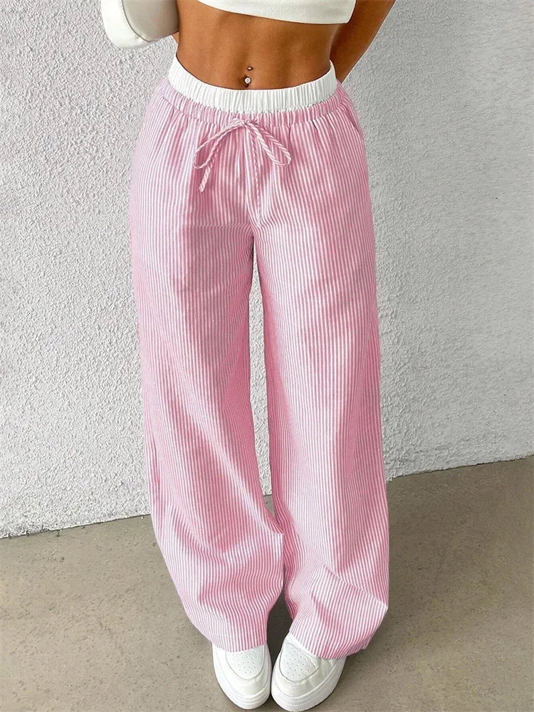 Casual Striped Woven Wide Leg Pants for Women Autumn Winter Casual Stylish Full Length Trousers Y2K Clothes Streetwear