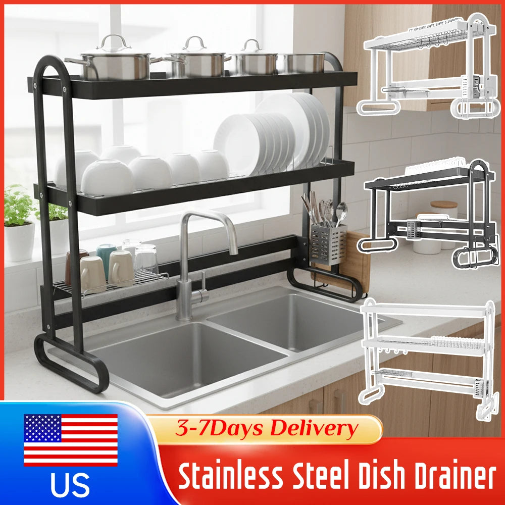 Stainless Steel 2/3Layer Dish Drainer Kitchen Dish Rack with Utensil Holder Anti-Slip Sink Organizer for Home Storage Accessor