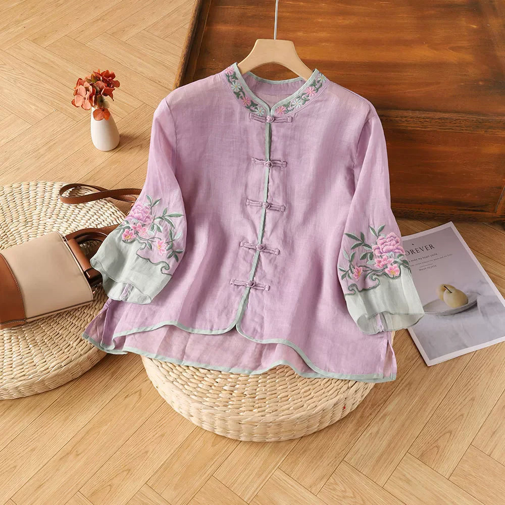 Loose Embroidered T-Shirts Women's Clothes Summer Vintage Woman Tshirt Casual Cotton Linen Ethnic Style Ladies T Shirt Blusas