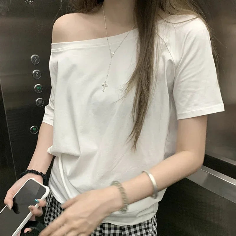 Y2k Top Aesthetic Clothes Ins T-shirts Women Solid Simple Summer Casual Cleanfit Short Sleeve All-match Young Girls Streetwear
