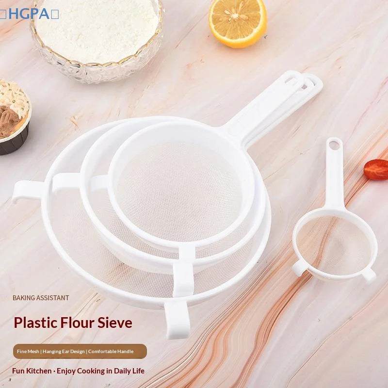 【HGPA】1Pcs Plastic Fine Mesh Spoon Strainer Kitchen Nut Milk Filter Flour Sieve With Handle Soy Milk Filter Colanders Tools