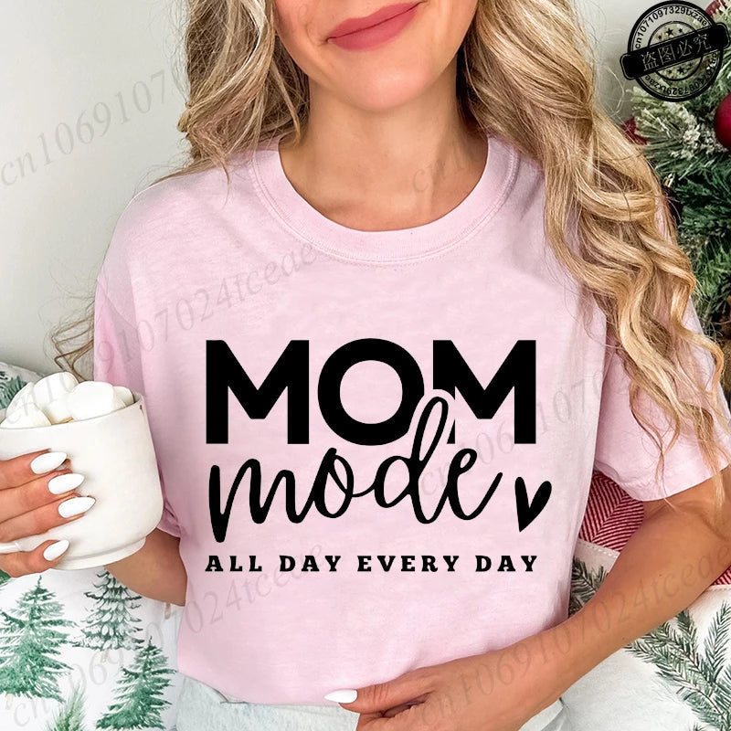 Mom Mode All Day Every Day Printed Women's T-Shirts Clothing Shirt Short Sleeve T-shirt Tops Oversized T Shirt Women Clothes