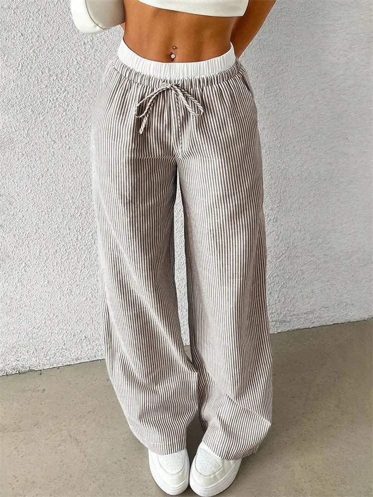 Casual Striped Woven Wide Leg Pants for Women Autumn Winter Casual Stylish Full Length Trousers Y2K Clothes Streetwear