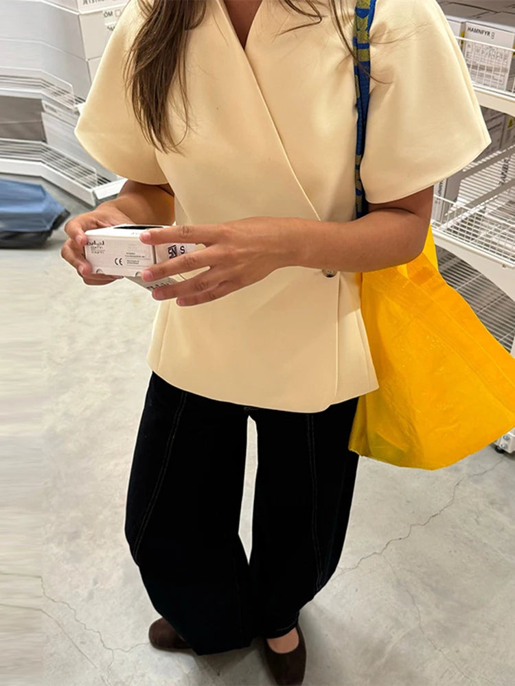 V-neck Short Sleeve Side Placket Suit Jacket Women Elegant Waist Cinching Slim Coats 2026 Spring Summer New Chic Office Lady Top