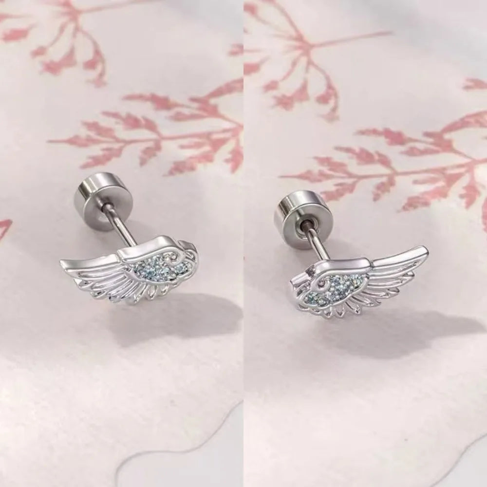 Personality Shiny Zircon Angel Wings Stud Earrings for Women Men Couple Multiple Ear Holes Fold Wear Ear Bone Stud Jewelry Gifts