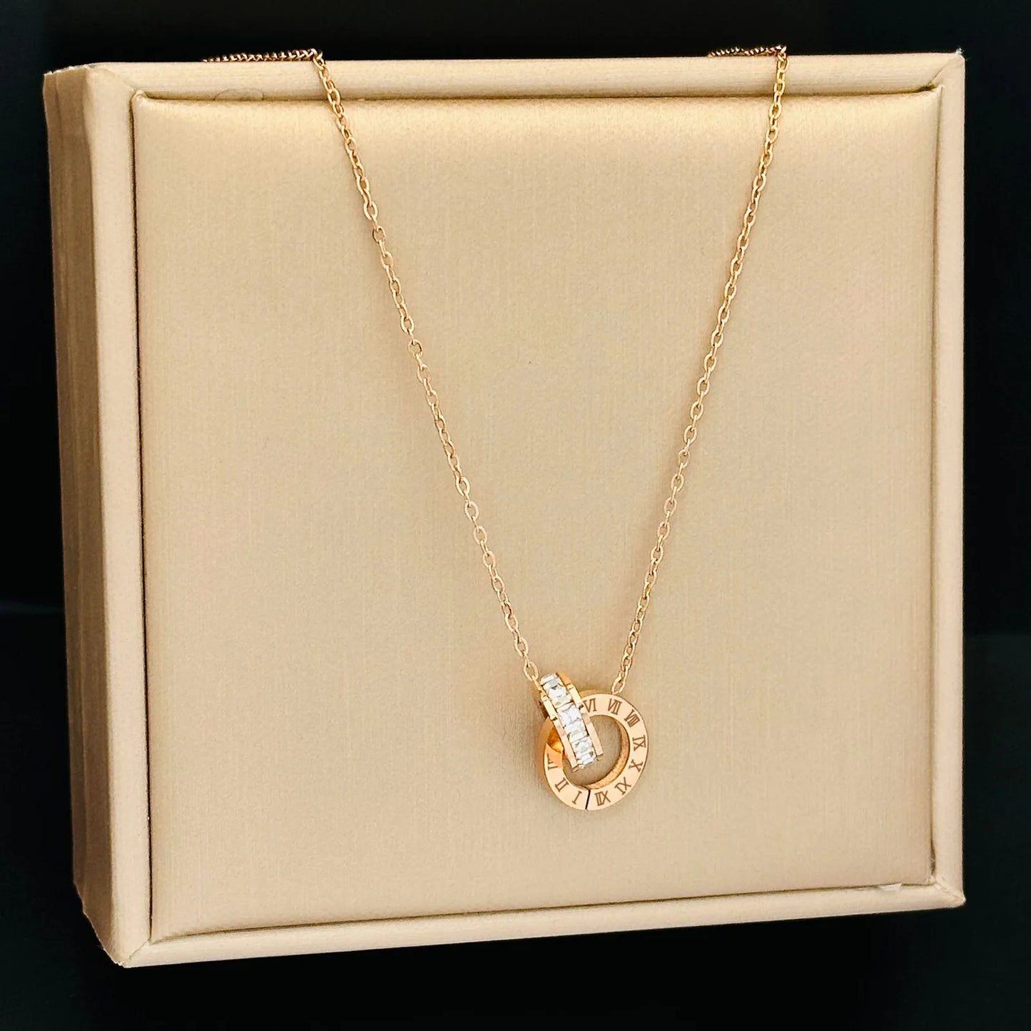 new stainless steel rose gold square diamond Roman numeral double-buckle short necklace