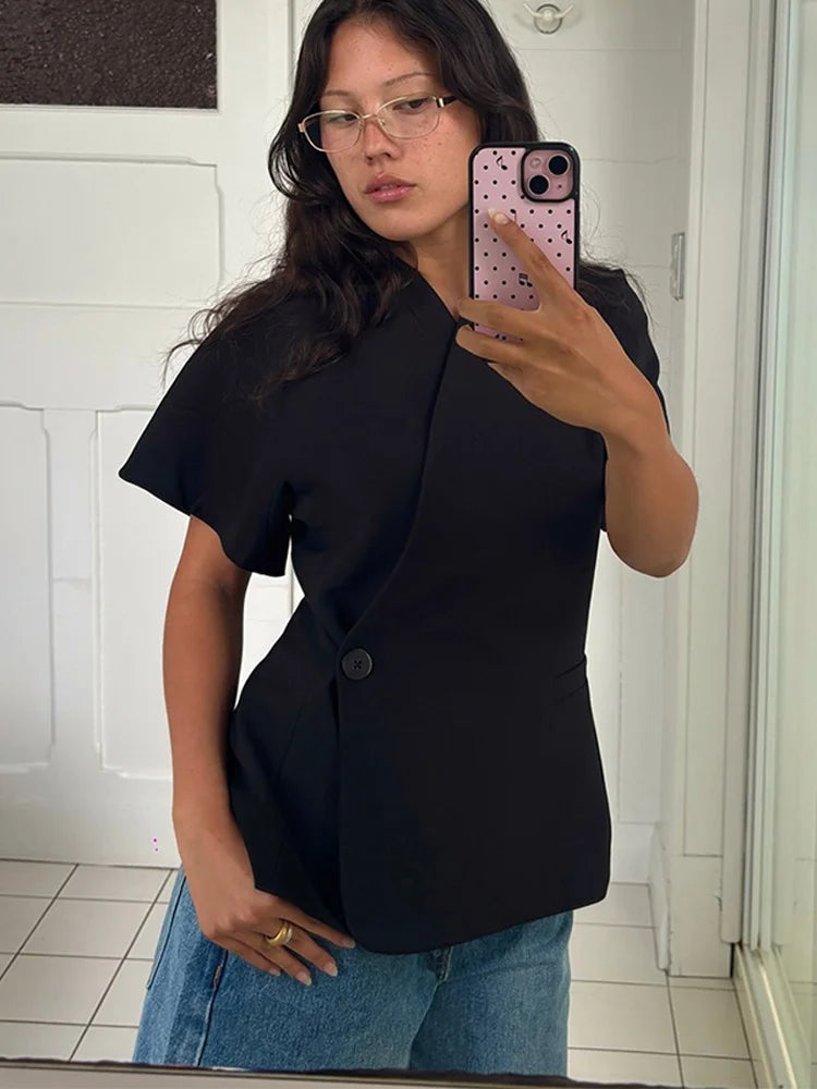 V-neck Short Sleeve Side Placket Suit Jacket Women Elegant Waist Cinching Slim Coats 2026 Spring Summer New Chic Office Lady Top