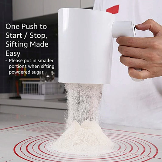 Electric Flour Shifter 1L Automatic Flour Strainer Handheld Cup Shape White Powder Sieve Battery Operated Fine Stainless Steel