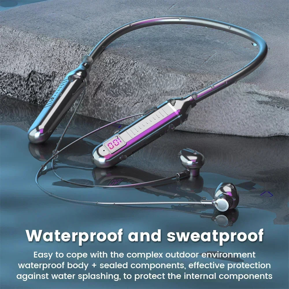 Sports Neckband Headphones Bluetooth Earphones Gaming LED Battery Display Wireless Mic Stereo HIFI TWS Headset Support TF Cards