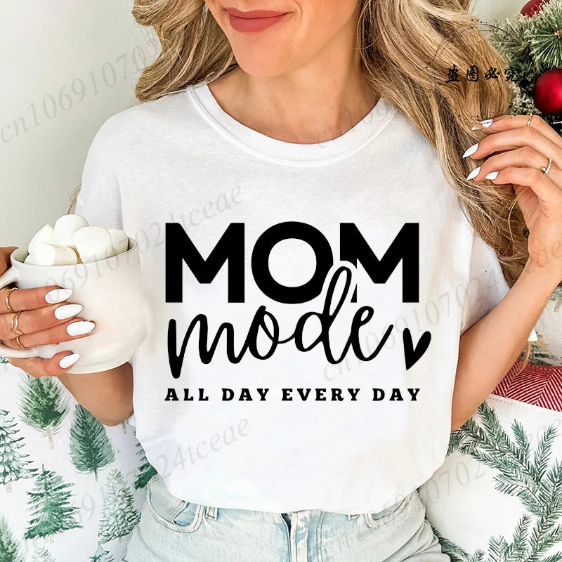 Mom Mode All Day Every Day Printed Women's T-Shirts Clothing Shirt Short Sleeve T-shirt Tops Oversized T Shirt Women Clothes