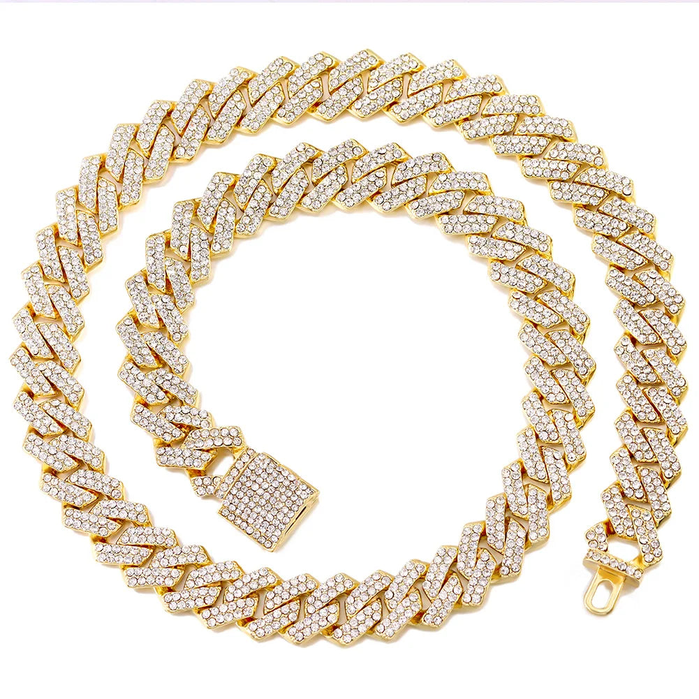 14MM Diamond Cuban Link Chain Men Women Iced Out 2 Row Rhinestone Paved Rhombus Prong Cuban Necklaces Hip Hop Jewelry
